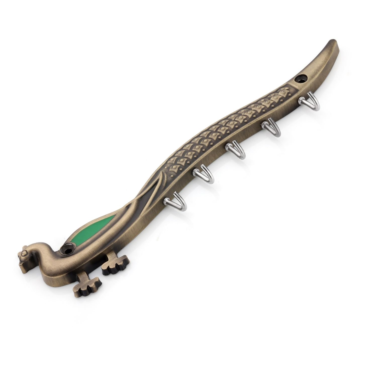 Well Set Peacock Key Stand Metal | Colorful Brass Bird Key Holder with 5 Hooks | Antique Finish Wall Mounted Key Hanger-image-17