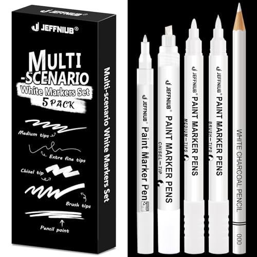 JEFFNIUB Lot de 5 Stylos Blancs pour Art - Set Stylo Opaque avec Pinceau, Fineliner, Crayons et Marqueurs Acryliques - Pour Écriture et Dessin sur Papier Noir