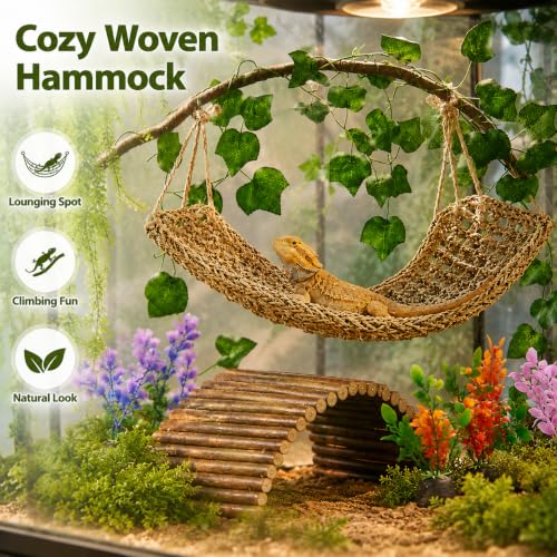 Image of Bearded Dragon Tank Accessories, Reptile Mat Hammock Plants Bridge Jungle Climber Vines Terrarium Decorations for Leopard Gecko, Hermit Crab Lizard Snake (9 PCS Without Reptile Mat)