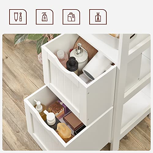 VASAGLE Badkommode, Badschrank, vielseitig einsetzbares Badregal mit 4 Etagen, Badezimmerschrank aus Holz, Eckschrank, Medizinschrank, weiß, BBC42WT