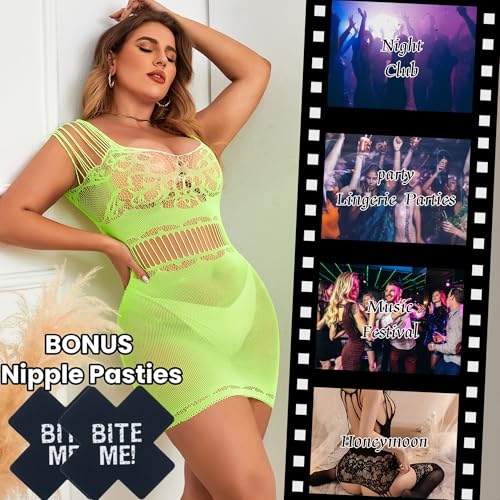 Image of Nimiah Fishnet Sexy Rave Outfits - Exotic Dancer Neon Mesh Bodycon Dress Fit 0-16 Plus Size Crotchless Lingerie Outfits