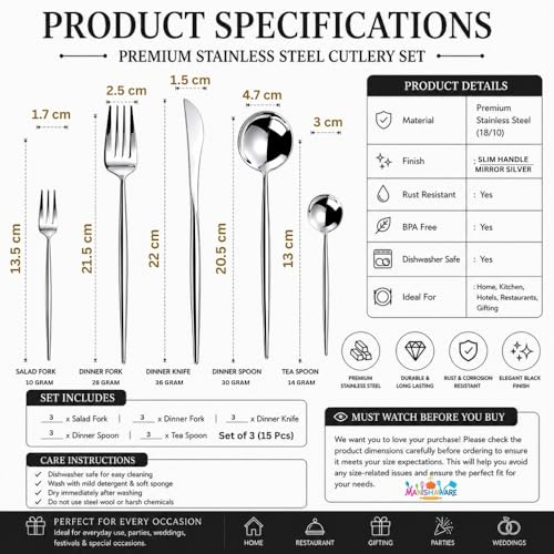 Image of Slim Handle Silver 15 Pcs Stainless Steel Cutlery Set for Dining Table, Dishwasher Safe Glossy Flatware (3 Spoon Set+3 Forks Set+3 Butter Knife+3 Dessert Spoon+ 3 Fruit Fork)
