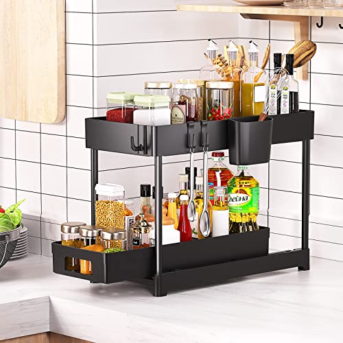 2 Pack Organizadores Bajo Fregadero con Cajón Deslizante, Organizador de 2 Niveles con 8 Ganchos y 2 Vasos Colgantes, Multiusos para Cocina y Baño, Negro miniatura 4