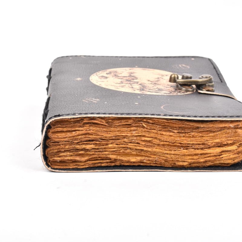 Image of Moon Print Leather Journal Diary with Lock Clasp | Vintage Handmade Leather Journal | Size- 7 X 5 inch (200 pages)