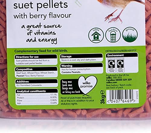 wilko Wild Bird Suet Pellets with Berry Flavour, Packed with vitamins for wild birds, Suitable for tables, feeders or ground feeding, 3Kg