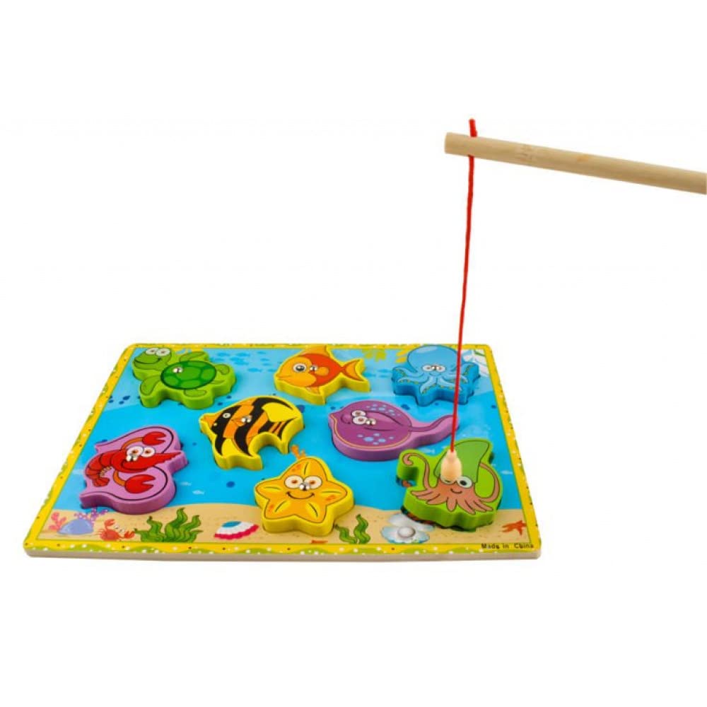 PTIT'Genie – Juego de pesca magnética de madera – Universo Marino, 8 criaturas/animales lindos – juguetón, juguete educativo – madera, 29,5 x 22 x 0,6 cm