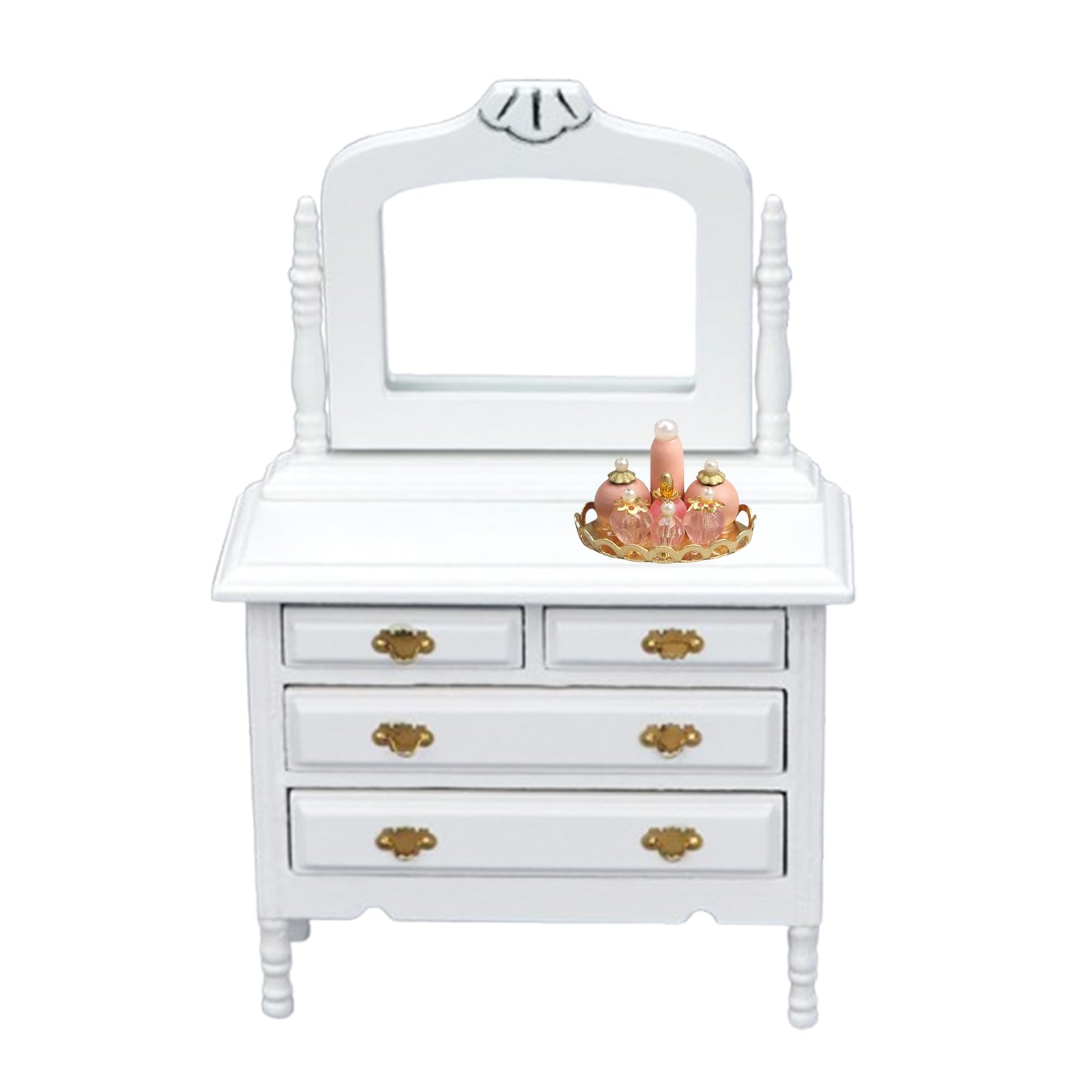 Gxsterd Dollhouse Makeup Vanity with Mirror & Perfume Tray 1/12 Miniature Dressing Table for Dollhouse Bedroom Furniture Decoration