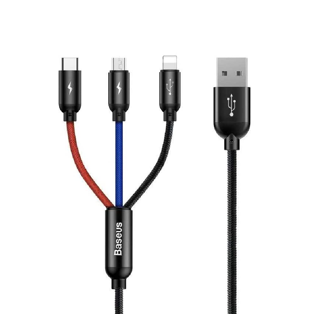 Baseus 3-in-1 Short Charging Cable 30cm | 3.5A Fast Charger Cord USB-A to Lightning, Type-C, Micro USB | Durable Nylon Braided Multi-Port Wire for Power Bank, iPhone 17/16/15/14/13/12, Android - Black