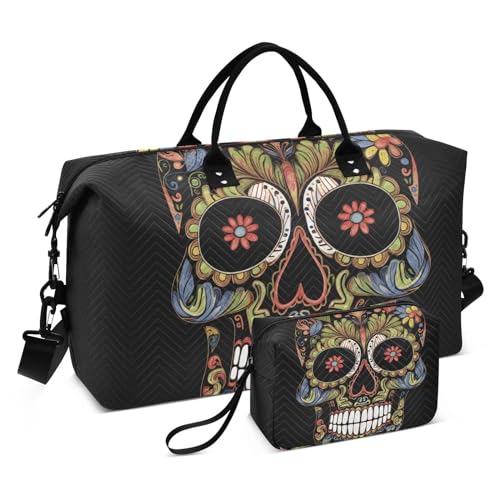 Large Travel Duffel Bag, Skull Mexican Sports Tote Gym Bag, Shoulder Weekender Overnight Bag for Women Men, Carry On Luggage with Toiletry Bags