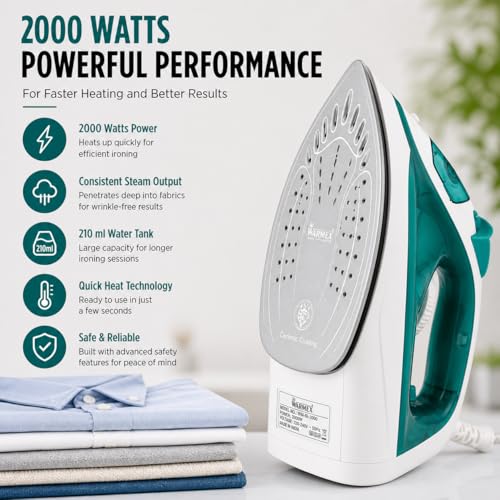 Image of Warmex 2000W Steam Iron Press Black Non-Stick Soleplate | Powerful Steam Burst Removes Wrinkles From Clothes | Quick Heat Up 18-20 Gm Min Steam | Overheat Safety | Fabric Care Steamer Iron (Green)