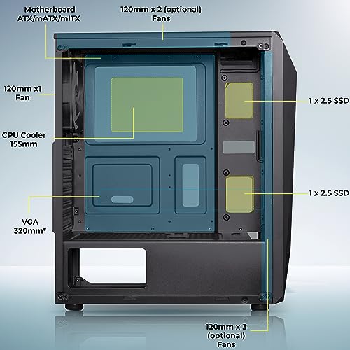 Image of ZEBRONICS Agon Mid-Tower Premium Gaming Cabinet - Black, ATX /M-ATX /M-ITX, 1 x 120 mm RGB Inner Glow Rear Fan, LED Strip with Control Switch, Tempered Glass Side Panel, USB 3.0, USB 2.0 (Black)