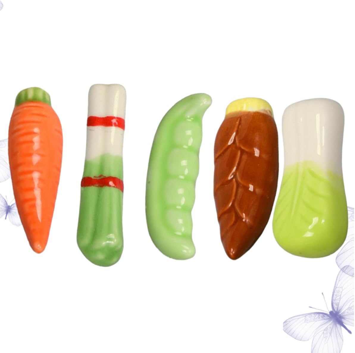 Levemolo Chopstick Holder Set and Keep Dining Table Clean 5pcs Ceramic Vegetable Design Lentils Spring Onions Shoots Shapes Spoon and Fork Stand to Prevent Rolling Random Color