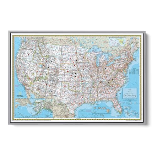Image of National Geographic Classic USA Map with Pins - Personalized United States Travel Map Canvas - Extra Large Framed Wall Decor - Silver Float Frame - 34 inch x 51 inch