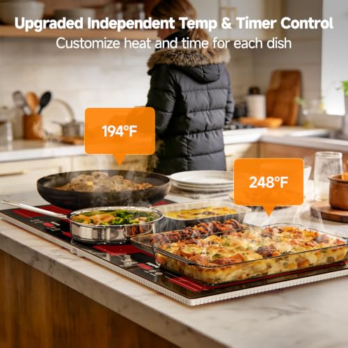 Image of FEPPO Electric Warming Tray with Independent Temp & Timer Control, 2-in-1 Modular Food Warmer for Parties Buffet, 31 inchx15 inch Glass Surface Warming Mat for Food, Ideal for Catering & Gatherings