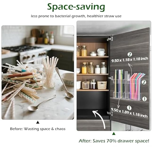 9.5¡± Large Acrylic Straw Holder for Cabinet Door - Ultra Sticky Adhesive Squares, Reusable Adjustable Organizer for Straws, Fits Kitchen Counter, Cupboard, Storage Dispenser£¨Transparent£© (1 PACK)
