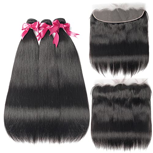 Beauhair Straight 3 Bundles with Frontal Closure 13x4 Ear To Ear Lace Frontal with Bundles Unprocessed Virgin Human Hair Extensions Natural Color (26 26 26+20 Frontal)