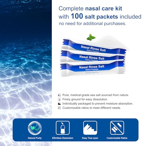 MAOEVER Neti Pot Sinus Rinse Bottle with 100 Nasal Wash Salt Packets Nose Wash Cleaner Pressure Rinse Nasal Irrigation for Adult & Kid BPA Free 300 ML with Sticker Thermometer(Blue) - Thumbnail 4