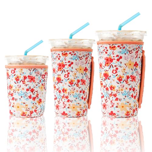 KJQJLY 3 Reusable Iced Coffee Sleeves for Iced Coffee Cups or Drinks Reusable Neoprene Insulated Sleeves for Hot and Cold Drinks from Starbucks, Dunkin, And More (Light orange floral)