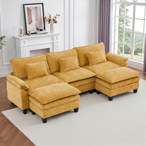 Image of IPKIG 117 inch Modular Cloud Couch with Storage, U Shaped Sectional Sofa with Ottoman & Pillow, Chenille Deep Seat Sectional Couches for Living Room, Apartment, Yellow
