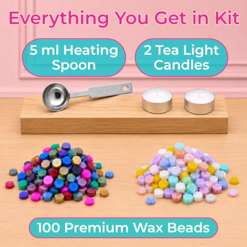 Image of Oytra Wax Sealing Kit with 100 Wax Beads Octagon Shape, 1 Heating Spoon 5ml and 2 Candles for Stamping Seals Retro Journaling Art Craft