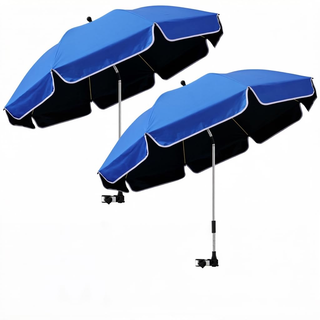 2er-Pack 124cm Strandstuhl Sonnenschirm mit Klemme, UPF50+ UV-Schutz, 360° drehbarer Clip-On Sonnenschutz, tragbarer Schirm für Strandstuhl, Camping, Golf, Kinderwagen,Rollstuhl