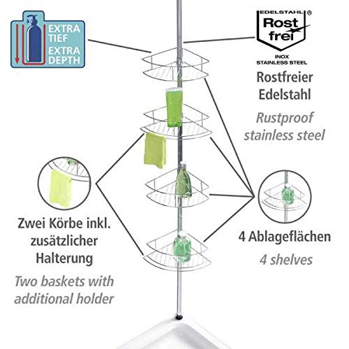 Scaffale Angolo Doccia Telescopico WENKO Dolcedo - Acciaio Inox, Regolabile 65-275 Cm, 4 Ripiani