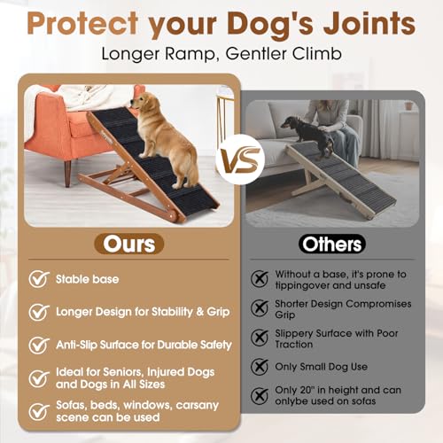 Dog Ramp for Bed - Foldable Small to Large Dog Ramp for Couch - 6 Adjustable Height from 12" to 24" - Stairs with High Traction Mat - Wooden Ramp for Dogs to Get on Bed Couch Car Up to 200LBS（Walnut） by SweetBin - Image 6