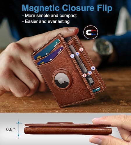 Airtag Wallet for Men,with Cash Pocket 2 ID Window 14-16 Cards Magnetic Closure Slim Trifold Leather Wallet 4.0"x3.1", RFID Blocking Front Pocket Wallet with Gift Box4