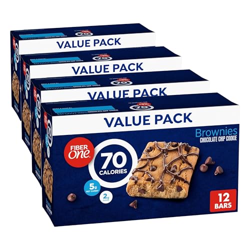 Fiber One 70 Calorie Brownies, Chocolate Chip Cookie Snack Bars, 2g Sugar, Value Pack, 12 Ct, 10.6 oz (Pack of 4)