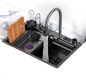 Multifunctional Utility Stainless Steel Waterfall Kitchen Sink Workstation with Water Temperature Display Black Farmhouse Single Bowl Drop In Sink 29.5 x 18 x8.3 IN