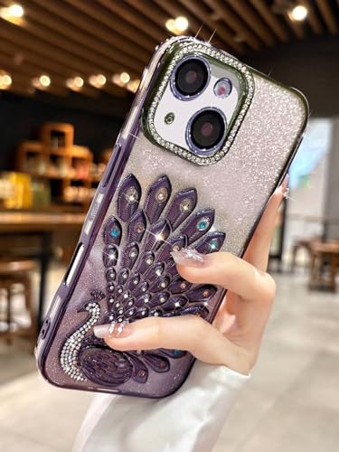 Image of mobistyle Case for iPhone 15 Plus,3D Diamond Luxury Electroplate Glitter Peacock Tail Bling Design Camera Protection Shockproof Phone Case for (Purple, iPhone 15 Plus)
