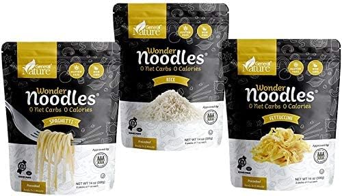 Wonder Noodles - Variety Pack, - Carb-Free, Keto Pasta - Gluten-Free, Kosher, Vegan, Zero Calories - ready to eat (Includes 14oz Spaghetti, 14oz Fettuccine, and 14oz Rice)