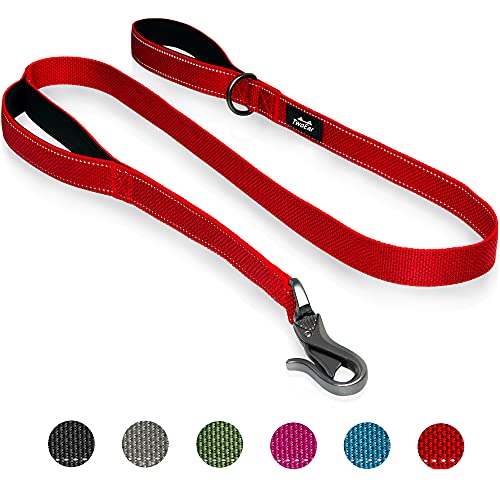 TwoEar 6FT 1IN Strong Red Dog Leash with 2 Padded Handles, Traffic Handle Extra Control, Comfortable Soft Dual Handle, Auto Lock Hook, Reflective walking Lead for Small Medium and Large Dogs