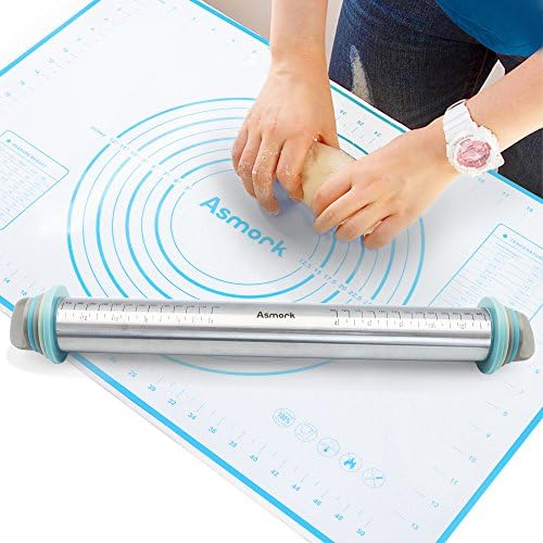 Asmork Rolling Pin,Silicone Baking Mat,Adjustable Stainless Steel Rolling Pins Dough Roller with 4 Removable Thickness Rings for Baking Dough, Pizza, Pie, Pastries, Pasta and Cookies (3)