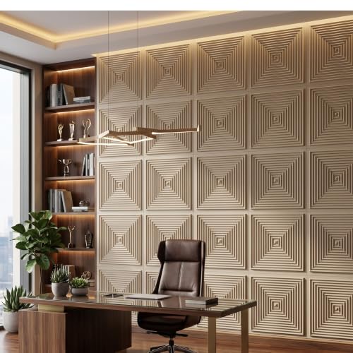 Image of Kayra Decor 3D PVC Wall Panels for Bedroom & Living Room | Pryamid Design |Mega Greige Color | 19.7 x 19.7 Inch | Pack of 40 | 107.6 Sq Ft