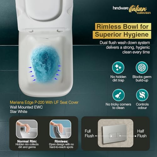 Image of Hindware Italian Collection Mariana Edge Wall Mount EWC for Bathroom | P-215 Trap | Made of Ceramic | 10-year Warranty | Rimless | Concealed Fixation | Duroplast Seat Cover | Water Saving | Soft Close