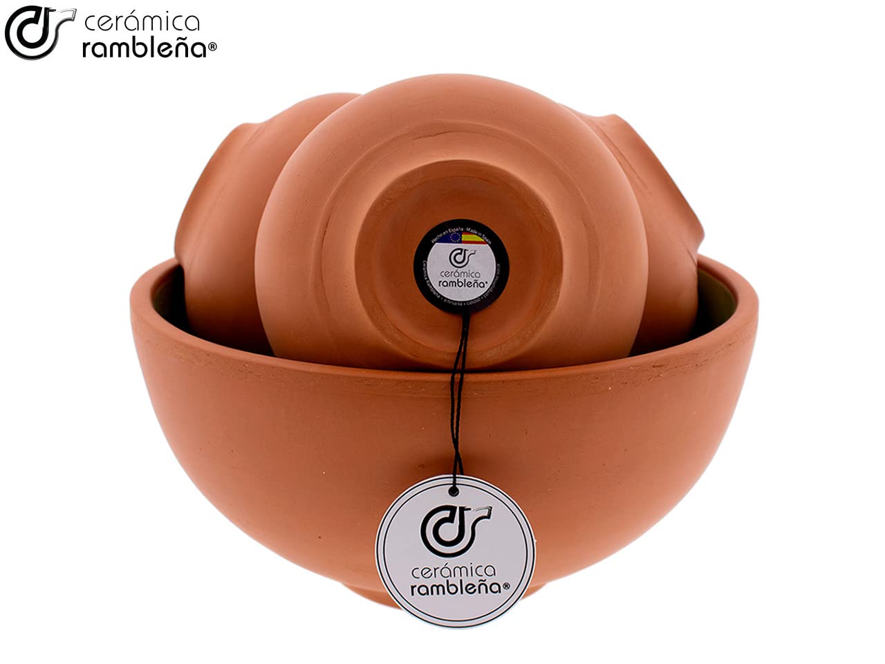 CERÁMICA RAMBLEÑA | Cuenco gazpacho | Gazpacho Andaluz | Gazpacho Manchego | Cuencos cocina | Conjunto Bol Ensaladera rústico - Verde - Modelo 22 | 25x25x12cm + x6 cuencos 14x14x7cm