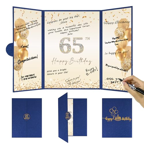Image of DARUNAXY Blue Gold 65th Birthday Party Decorations, Blue Happy 65th Birthday Alternative Signature Guest Book for Men Women Cheers to 65 Years Old Gifts 65 Birthday Signing Card Board Party Supplies