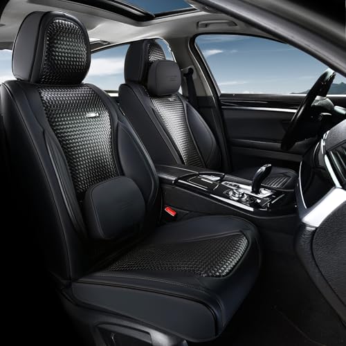 Image of Coverado Seat Covers, Car Seat Covers Front Seats, Waterproof Nappa Leather Auto Seat Cover with Lumbar Head Pillow, Black Seat Covers Carseat Cover Universal Fit for Most Cars