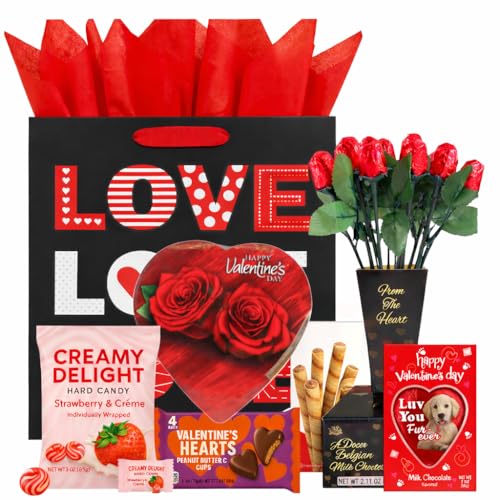 Valentines Gift Basket with Chocolate Candy Assortment, Romantic Gift Set with...