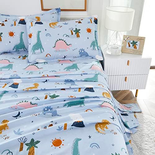 Brandream Boys Bed Sheet Set Queen Size Kids Bedding Dinosaur Print 100% Soft Cotton Sheet Pillowcase Set 4Pc Blue Soft and Breathable