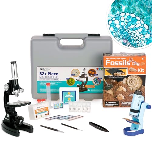 Image of IQCrew By AMSCOPE KIDS - Black Metal Arm Starter Kids Student Compound Microscope Kit with Fossil Dig Activity Kit and Insect Slides
