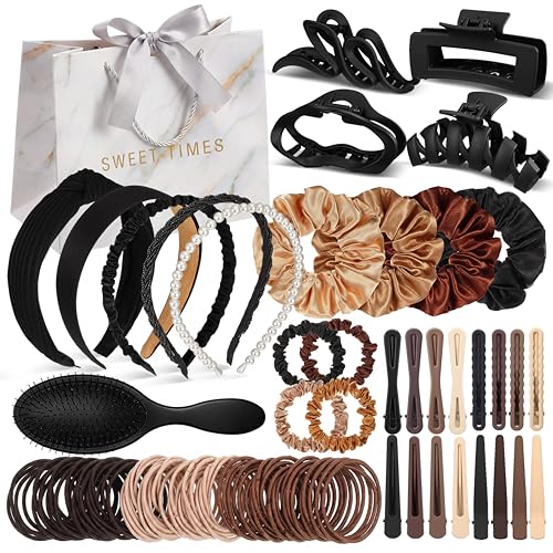 Rivvlive 135pcs Hair Accessories Kit for Women Neutral Color Hair Accessories Set Hairties Claw Clip Air Cushion Comb Satin Scrunchies Non Slip Headband for Women Girls with Organizer Gift Bag(Black)