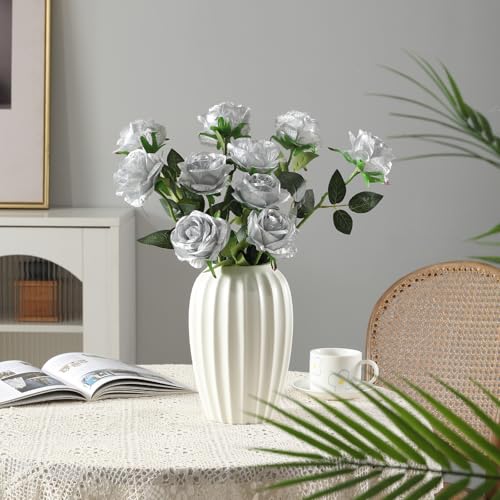 Image of Tifuly 12Pcs Roses Long Stem Fake Silk Artificial Flowers Silver