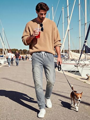 Image of JMIERR Men's Elastic Waist Cargo Jeans Stretch Denim Pants with Drawstring Relaxed Fit for Casual Daily Wear