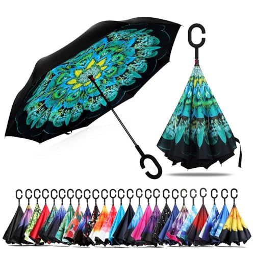 Image of CICILIAYA Double Layer Folding Inverted Umbrella, Self Stand Upside-down Rain Protection Car Reverse Umbrellas with C-shaped Handle Big Straight Umbrella (Green 2)