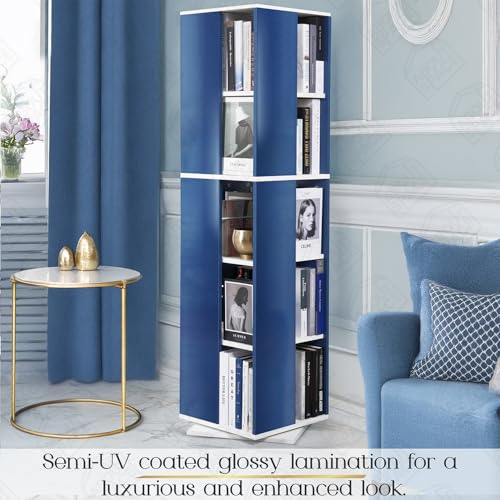 Image of ABOUT SPACE Rotating Book Shelf for Home Library - 5 Tier 360 Book Rack | Semi UV Gloss Laminate DIY Engineered Wood Book Stand with Partition & Bottom Turnplate (Blue & White L 38 x B 38 x H 150 cm)