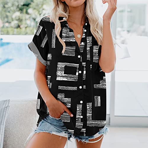 KAMEMIR Camisetas femininas de verão de manga curta com babados e gola V casual ajuste solto, Preto,