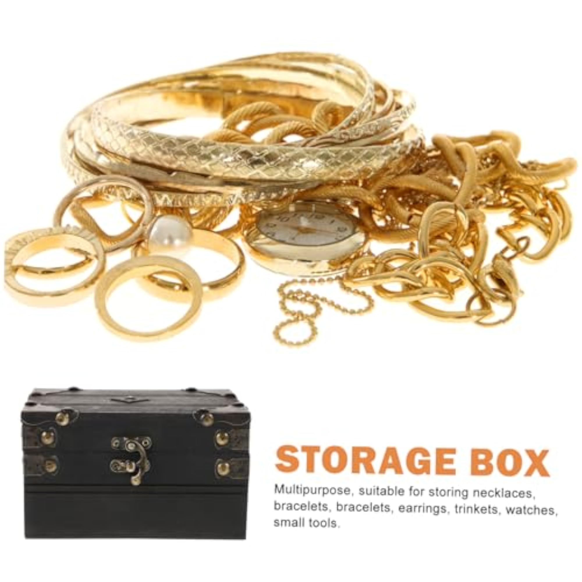 Vintage Wooden Treasure Chest Jewelry Box with Lock
