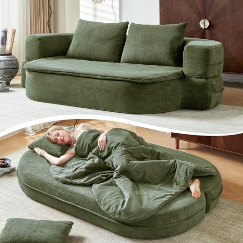 Image of 79 inch Convertible Futon Sofa Bed Mattress, Sleeper Boneless Futon Sofa,Green | Polyester Sleeper Sofa, High-Density Foam, 2 Pillows. No Assembly. Pull-out Couch for Living Room, Bedroom, Apt.